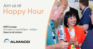 Invitation to ALMACO Happy Hour at HRDS Lounge – Thursday 6 June, 5:00–6:00 PM, open to all visitors, featuring social gathering with drinks and networking.