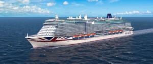 ARVIA cruise ship from P&O Cruises sailing on calm ocean under a clear sky, showcasing ALMACO’s turnkey marine outfitting and modular accommodation solutions for large passenger vessels.