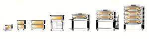 Series of commercial ovens in ascending size with control panels and baking tools – ALMACO modular galley and marine foodservice equipment