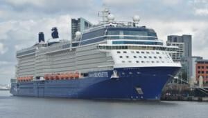 Celebrity Silhouette cruise ship docked at port with modern buildings in background, highlighting ALMACO’s turnkey marine outfitting and modular accommodation solutions for premium passenger vessels.