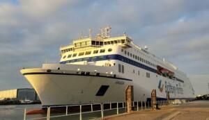 GALICIA ferry from Brittany Ferries docked at port, featuring white and blue design with multiple decks, representing ALMACO’s turnkey marine outfitting and modular accommodation solutions for passenger ferries.