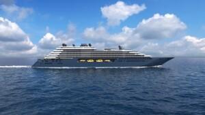 Large cruise ship sailing on open sea under partly cloudy sky, representing ALMACO’s expertise in turnkey marine accommodation and modular outfitting solutions for passenger vessels.
